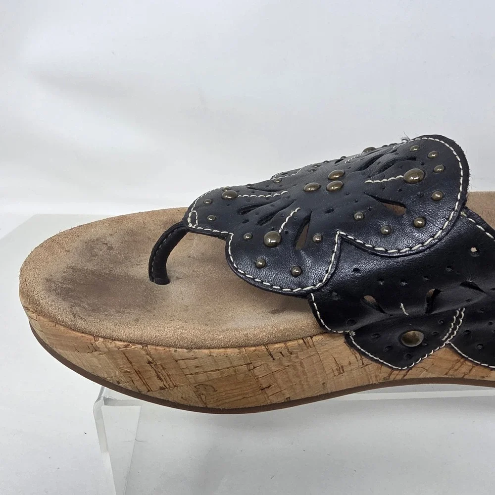 Clarks Artisan Wedge Sandals Women 9 Black Leather Cork Platform Flip Flop 18289
